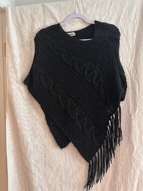 Sweater Project Black Cable Knit Fringe Poncho One Size Boho